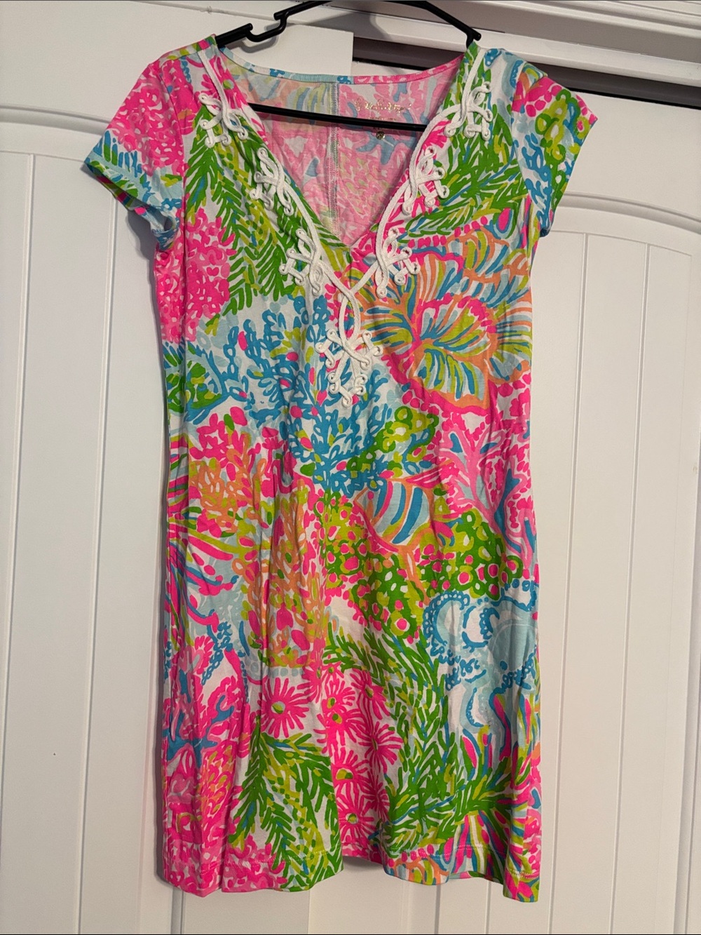 Lilly Pulitzer Vibrant Floral Lace-Trim Mini Dress in Pink, Green, Blue